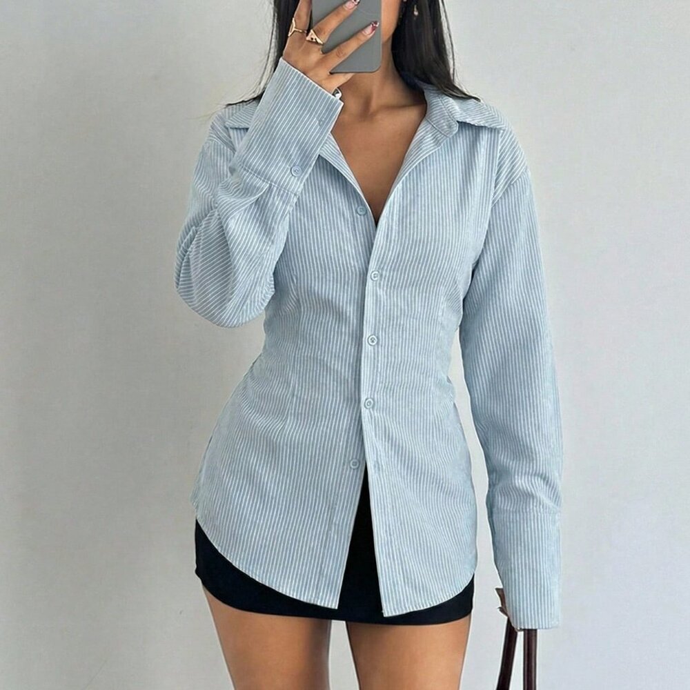 Blue Casual Women's Long Sleeve Striped Satin Blouse - Picture 7 of 7